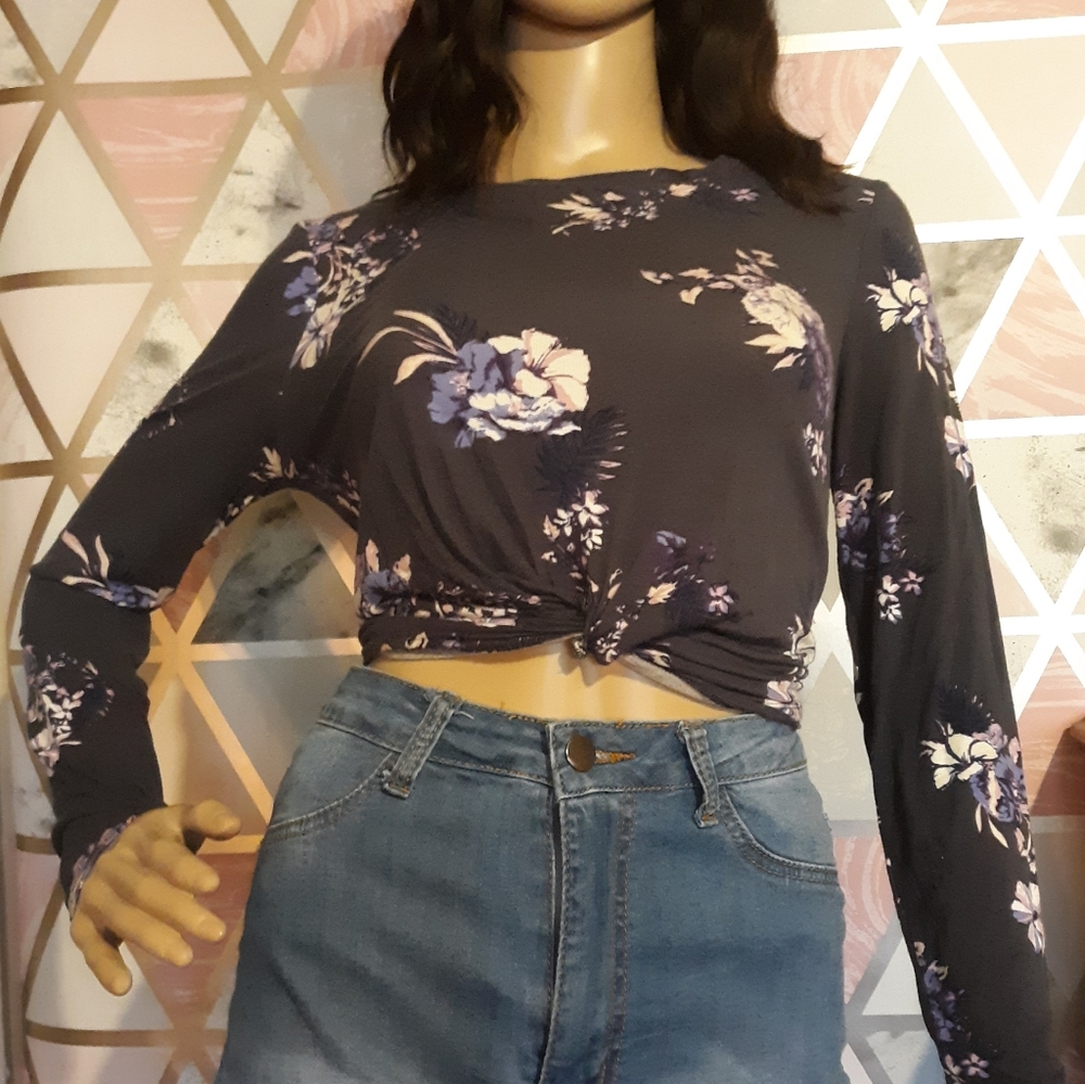 Dark grey floral sweater crop top